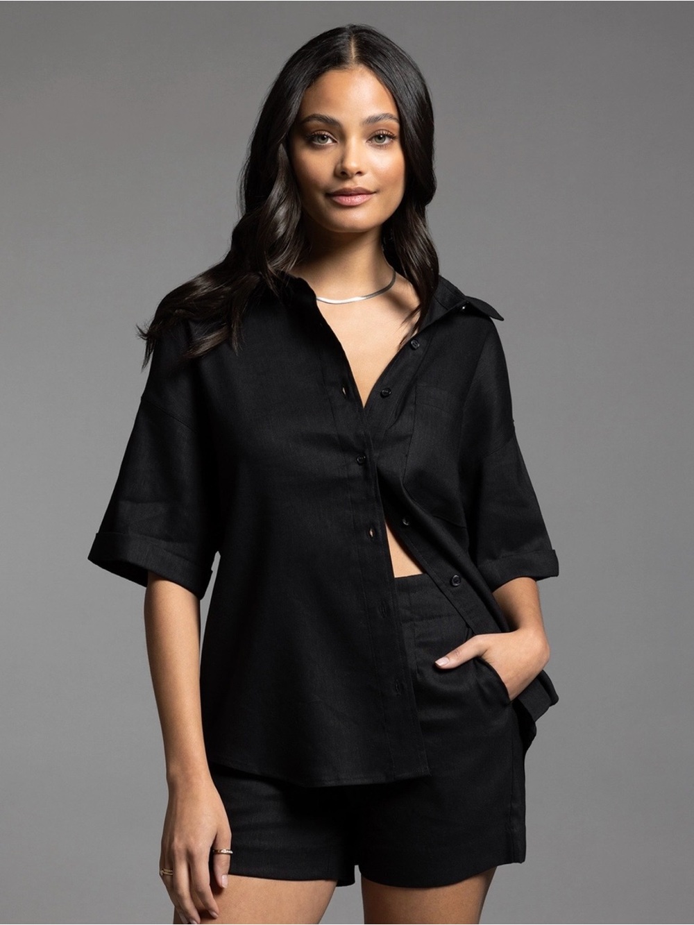 Weekend Los Angeles Jaycee Linen Blend Black Button Down Shirt Size M NWT